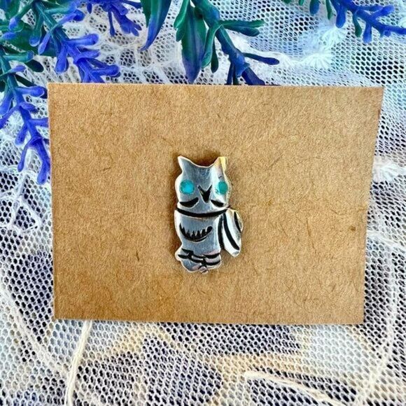 Vintage Sterling Owl Tie Tac Pin with Turquoise Inlay Eyes Unisex - Picture 2 of 10